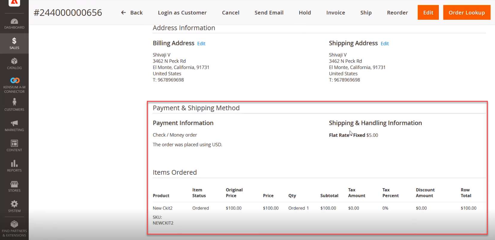 Payment and Shipping method with item order details